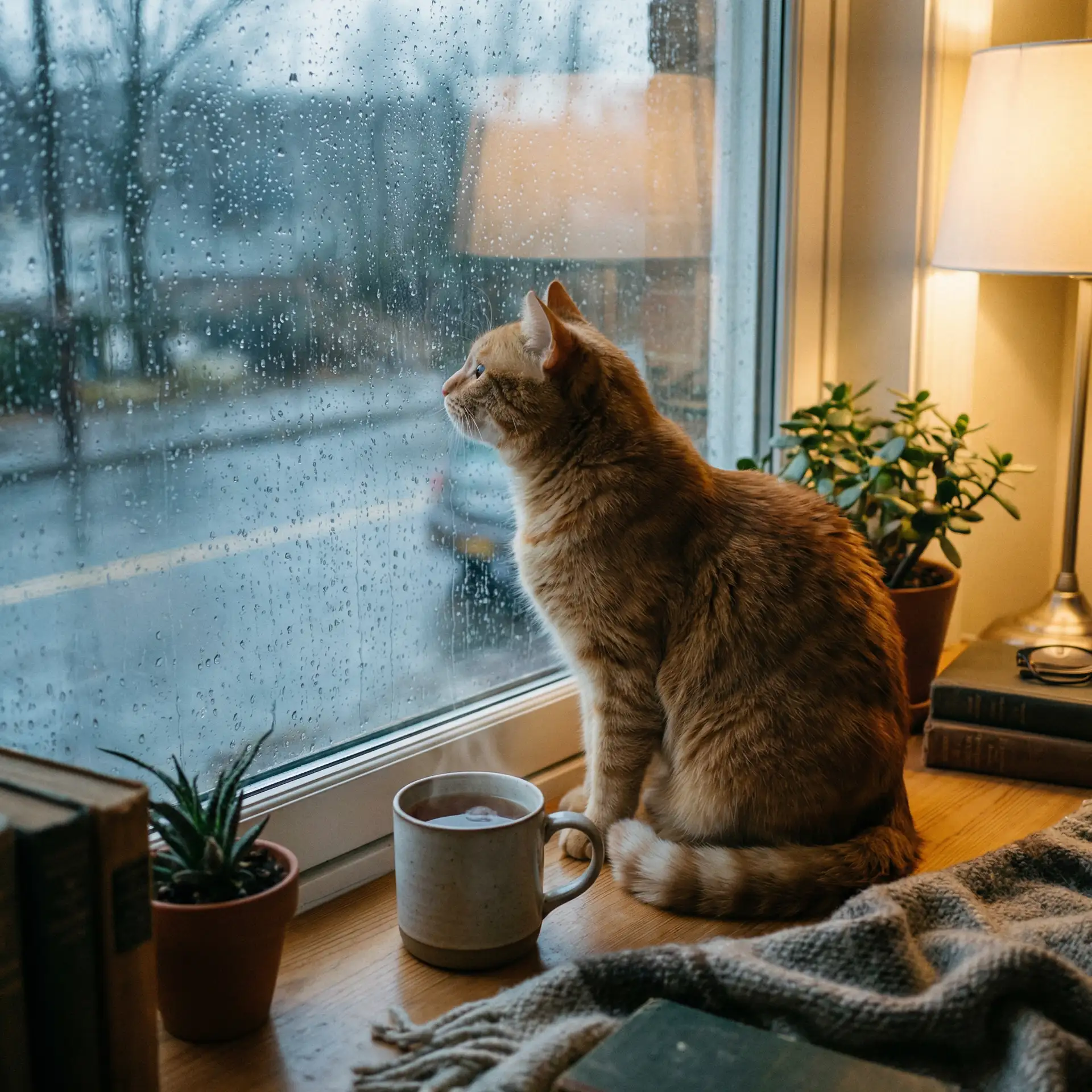 猫咪望着窗外的雨 - 日月神剑高清